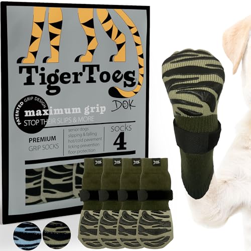 DOK TigerToes Premium rutschfeste Hundesocken für Hartholzböden – extra dicker Griff, der auch bei Verdrehen funktioniert – verhindert Lecken, Verrutschen und ideal als Schutz der Pfoten (Waldgrün von DOK