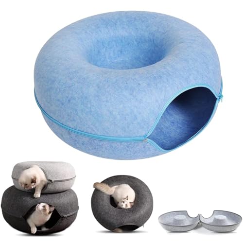 Cat Tunnel Bed,Katzenhöhle Katzentunnel Cat Cave,Cat Caves for Indoor Cats,Katzenbett, aus Filz Katzenbett Cat Cave,Cat Cave Donut,Felt Tunnel Cat Nest (60cm,Dark Gray),Sky Blue-60cm von DOKLY