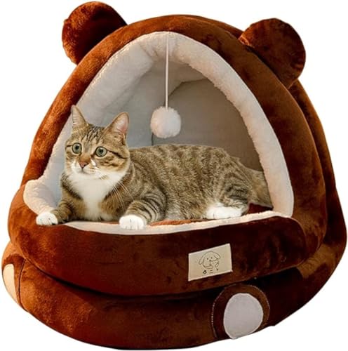 Kleines Haustierbett Für Katzen Hunde Innenkatze Bett Mit Abnehmbarem Kissen, Haustier-Plüsch-Zelthaus, Cartoon-Ohr-Design, Haustierbett Mit Hängendem Plüschball, Super Weiches Haustiersofa Bett von DOKLY