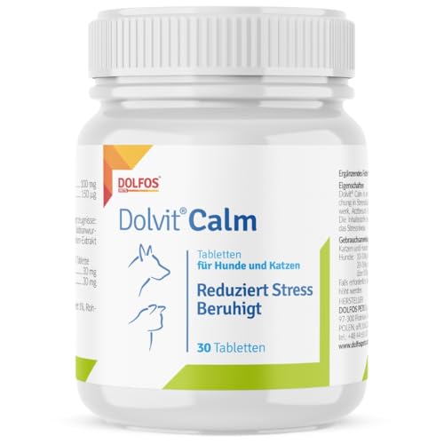 Dolvit Calm Beruhigungsmittel für Hunde und Katzen 30 Tabletten, Entspannungs- & Anti-Stress-mittel für Hunde mit Baldrian, L - Tryptophan und Zitronenmelisse, Schmackhaft und Leicht Enzunehmen von DOLFOS PETS