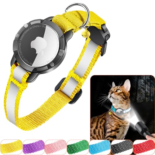 Airtag Katzenhalsband - Integriertes Katzenhalsband Airtag Wasserdicht,Reflektierendes Airtag Halsband Katze Halsband mit Sicherheitsverschluss Gummizug für Kätzchen Klein Hund (Gelb S) von DOMIPHIE