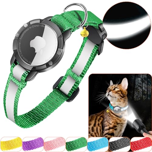 Airtag Katzenhalsband - Integriertes Katzenhalsband Airtag Wasserdicht,Reflektierendes Airtag Halsband Katze Halsband mit Sicherheitsverschluss Gummizug für Kätzchen Klein Hund (Grün S) von DOMIPHIE