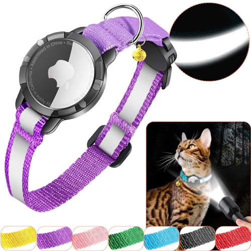 Airtag Katzenhalsband - Integriertes Katzenhalsband Airtag Wasserdicht,Reflektierendes Airtag Halsband Katze Halsband mit Sicherheitsverschluss Gummizug für Kätzchen Klein Hund (Lila S) von DOMIPHIE