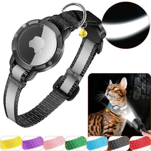 Airtag Katzenhalsband - Integriertes Katzenhalsband Airtag Wasserdicht,ReflektierendesAirtag Halsband Katze Halsband mit Sicherheitsverschluss Gummizug für Kätzchen Klein Hund (Schwarz XS) von DOMIPHIE