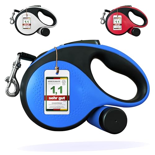 DOMOPRIMA Premium Rollleine für Hunde 5m Gurt – Größe M bis 25 kg und L bis 50 kg – Automatische Hundeleine mit Kotbeutelhalter – Weiß, Blau, Hummerrot (Blau, L - 50 kg - 5 Meter) von DOMOPRIMA homeware