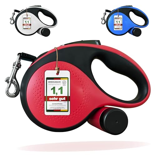 DOMOPRIMA Premium Rollleine für Hunde 5m Gurt – Größe M bis 25 kg und L bis 50 kg – Automatische Hundeleine mit Kotbeutelhalter – Weiß, Blau, Hummerrot (Hummerrot, M - 25 kg - 5 Meter) von DOMOPRIMA homeware