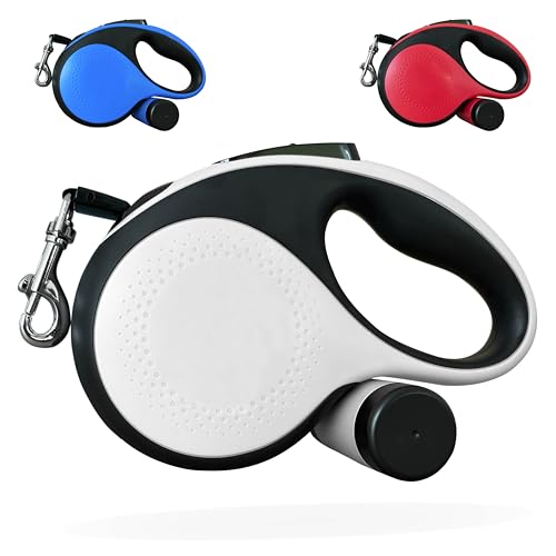 DOMOPRIMA Premium Rollleine für Hunde 5m Gurt – Größe M bis 25 kg und L bis 50 kg – Automatische Hundeleine mit Kotbeutelhalter – Weiß, Blau, Hummerrot (Weiss, L - 50 kg - 5 Meter) von DOMOPRIMA homeware