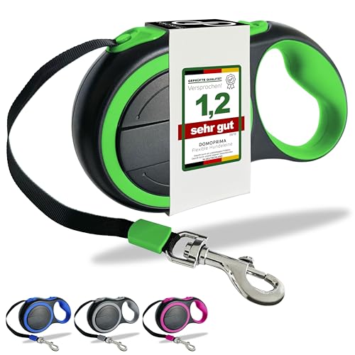 DOMOPRIMA Rollleine für Hunde, in 3 Größen (S,M,L) und 4 Farben (grau, blau, grün, pink) -Robuste und sichere Hundeleine für Ihren Vierbeiner. Mir Reflektor-Gurt. (Grün, L) von DOMOPRIMA homeware
