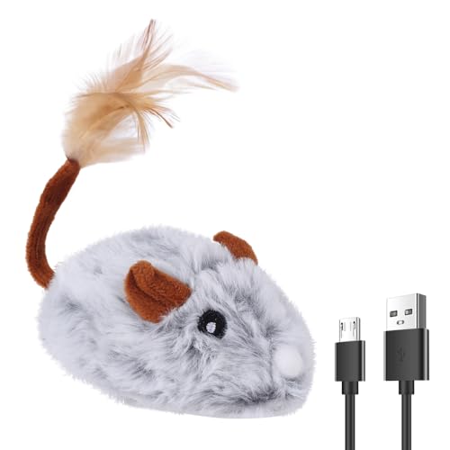 DONGKER Katzenspielzeug Elektrisch Spielmaus, Elektronisches Mäuse Spielzeug für Hunde und Katzen, Interaktive Spielzeug Maus mit USB Kabel und Federschwanz für Katzenauslauf und gegen Langeweile von DONGKER