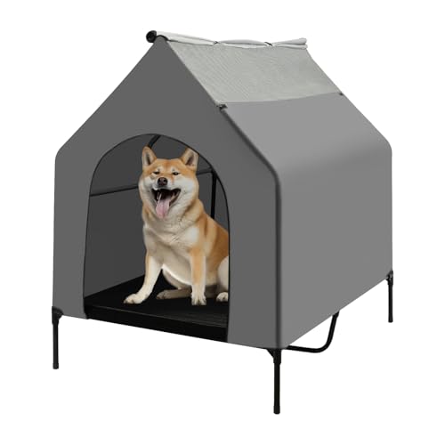 DOPBENT Erhöhtes Hundebett, Hundehütte mit atmungsaktivem Netzgewebe, Hundeliege Outdoor, Hundezelt für kleine und mittelgroße Hunde, 92x125x122cm, Grau von DOPBENT