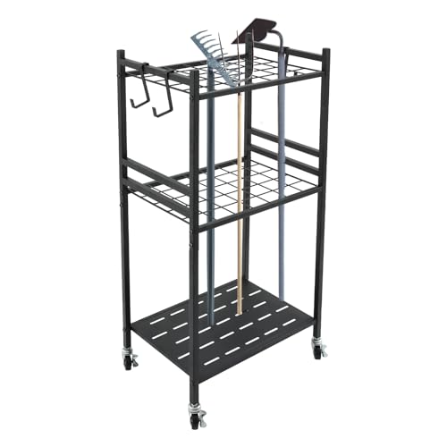 DOPBENT Gartenwerkzeug Organizer, Gartenwerkzeugregal mit Rollen, Metall Gartengerätehalter, Gartengeräte Aufbewahrung Ständer mit 3 Haken, Outdoor, Schwarz DOPBENT Gartenwerkzeug Organizer, Gartenwerkzeugregal mit Rollen, Metall Gartengerätehalter, Gartengeräte Aufbewahrung Ständer mit 3 Haken, Outdoor, Schwarz von DOPBENT