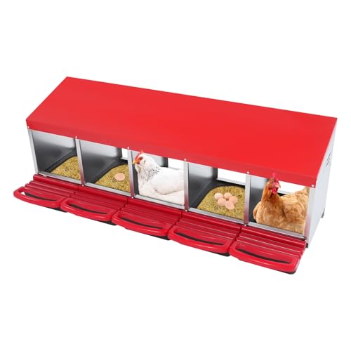 DOPBENT Hühnernistkasten, 5 Fächer, 132 x 52 x 48 cm, Stabiles Metall Legenest für Hühner, mit geneigten Nistkästen, Bodenlöchern, für Verschiedene Hühnerrassen (Rot) von DOPBENT