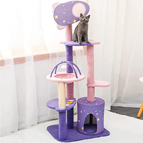 56-Zoll-Kratzbaumturm Für Hauskatzen, Mehrstufiger Lila Niedlicher Lila Rosa Kratzbaum, Einzigartiges Katzenhaus Mit Kratzbaum, Hängematte, Eigentumswohnung,XL von DOPORA