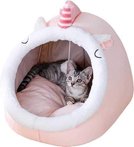 Indoor-Katzenbett-Höhle Mit Abnehmbarem Kissen – Haustier-Plüsch-Warmes Zelt, Einhorn-Design, Haustierbett, Nest Mit Bommel Für Katzen, Kätzchen, Welpen, Hunde Und Kaninchen,S von DOPORA