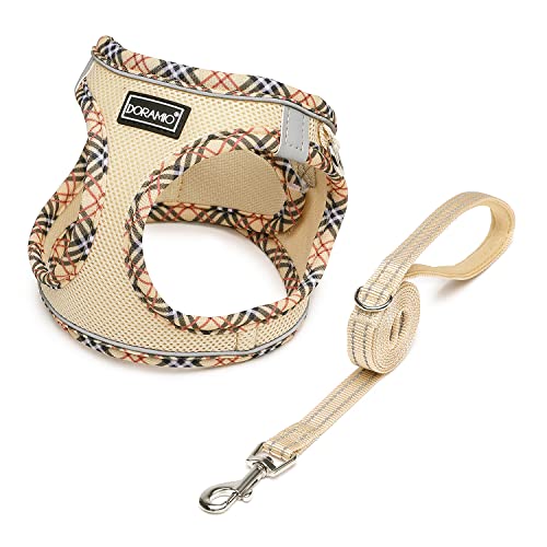 DORAMIO Hundegeschirr Kleine Hunde mit Leine, Step-in Geschirr Reflektierend Atmungsaktiv Brustgeschirr Anti Zug Sicherheitsgeschirr Katzengeschirr für Kleine Hunde, Katzen (Beige, L) von DORAMIO