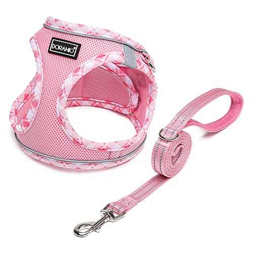 DORAMIO Hundegeschirr Kleine Hunde mit Leine, Step-in Geschirr Reflektierend Atmungsaktiv Brustgeschirr Anti Zug Sicherheitsgeschirr Katzengeschirr für Kleine Hunde, Katzen (Rosa, XL) von DORAMIO