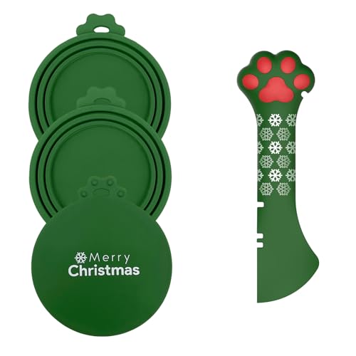 DORUI Weihnachtliches Haustier-Set – 3 Deckel für Katzenfutter und 1 BPA-freier Dosenöffner | Niedlicher Pfotenform Öffner Spatel Löffel für Nassfutter | Silikonlöffel & Abdeckungen für Hund Katze von DORUI