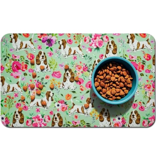 DOTBUY-SHOP Futtermatte Hund Saugfähig, Floral Muster Futterunterlage Katzen Haustier mit rutschfest Gummiunterseite Schnelltrocknend Futternapf Katzennapf Unterlage (Grün Blatt,80x120cm) von DOTBUY-SHOP