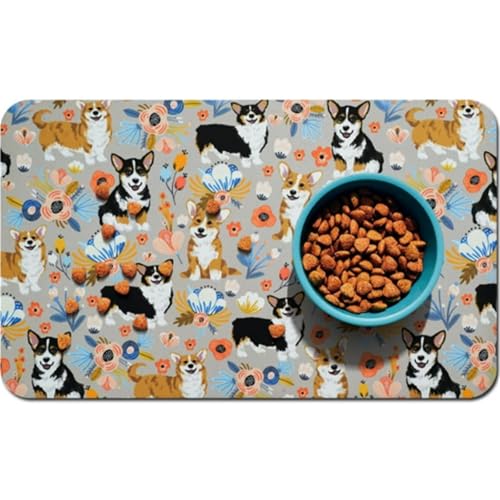 DOTBUY-SHOP Futtermatte Hund Saugfähig, Floral Muster Futterunterlage Katzen Haustier mit rutschfest Gummiunterseite Schnelltrocknend Futternapf Katzennapf Unterlage (Niedlich Stil,50x80cm) von DOTBUY-SHOP