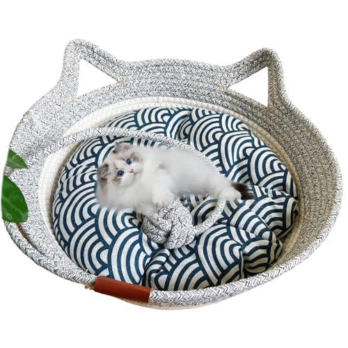 Virelapets Katzenkorb aus gewebtem Seil, 16 Arten Handgewebtes Katzenbett mit integrierter Kratzmatte & Spielball, Katzenkorb zum Schlafen und Spielen (Grau-4, L) von DOTH