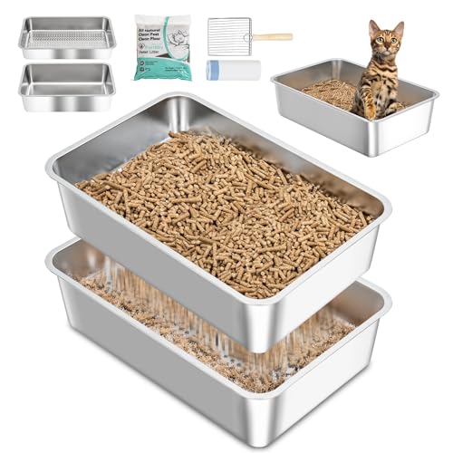 DOWANQO Sifting Edelstahl-Katzentoilette für Indoor-Katzen, extra große Siebtoilette für große Katzen, offene Oberseite, XL-Metall-Katzentoilette, hohe Seite, leicht zu reinigen (mit Zugang vorne von DOWANQO