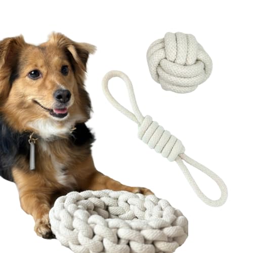 DOYS Premium Hundespielzeug 3er Set für kleine mittlere große Hunde Welpenspielzeug robust aus 100% natürlichen Materialien zum Spielen, trainieren und Zahnpflege (Beige, Klein - Mittel) von DOYS