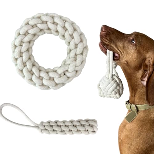 DOYS Premium Hundespielzeug 3er Set für kleine mittlere große Hunde Welpenspielzeug robust aus 100% natürlichen Materialien zum Spielen, trainieren und Zahnpflege (Beige, Mittel - Groß) von DOYS