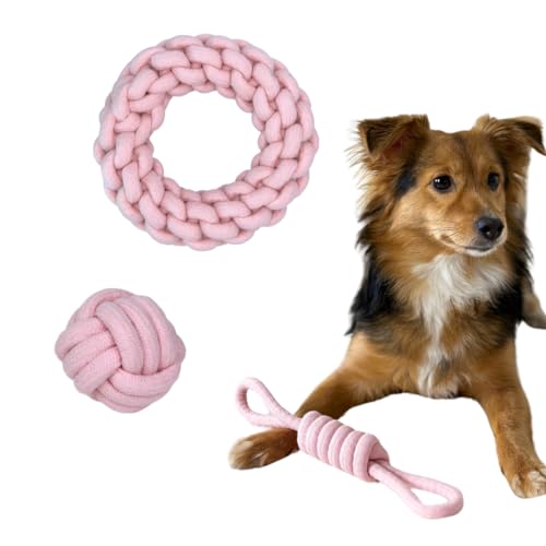 DOYS Premium Hundespielzeug 3er Set für kleine mittlere große Hunde Welpenspielzeug robust aus 100% natürlichen Materialien zum Spielen, trainieren und Zahnpflege (Rosa, Klein - Mittel) von DOYS