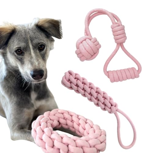 DOYS Premium Hundespielzeug 3er Set für kleine mittlere große Hunde Welpenspielzeug robust aus 100% natürlichen Materialien zum Spielen, trainieren und Zahnpflege (Rosa, Mittel - Groß) von DOYS