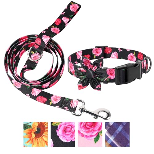 Hundehalsband und Leine, Set aus Hundeleine und Halsband, verstellbares Hundegeschirr und Leine, Set mit schöner floraler Fliege für kleine, mittelgroße und große Hündinnen, Rosenschwarz Hundehalsband und Leine, Set aus Hundeleine und Halsband, verstellbares Hundegeschirr und Leine, Set mit schöner floraler Fliege für kleine, mittelgroße und große Hündinnen, Rosenschwarz von DQGHQME