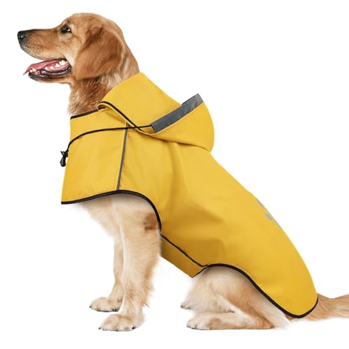 Hunderegenmantel DQGHQME Regenjacke Hunde Reflektierend, Regenmantel Hund Wasserdicht, Regencape Hund Mit Kapuze, Verstellbare Regenjacken für Kleine Mittelgroße Groß Hunde mit Klettverschluss-Gelb-XL von DQGHQME