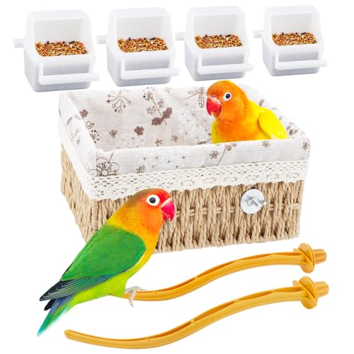 Papageiennest Dekor Vogelkäfig Vogelnest gewebtes handgewebtes Brutnest (mit 4 Stück Vogel-Kunststoffbecher und 2 Stück kleine Vogelsitzstange) von DQITJ