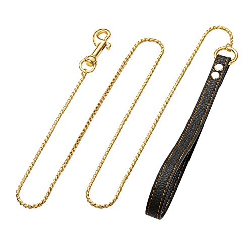 DQZRTUECA 4 mm Edelstahl-Schlangenkettenleine, Haustier-Trainingskette, Hundeleine aus Metall mit gepolstertem Ledergriff, geeignet for mittelgroße und große Hunde(Golden39in*4mm) von DQZRTUECA