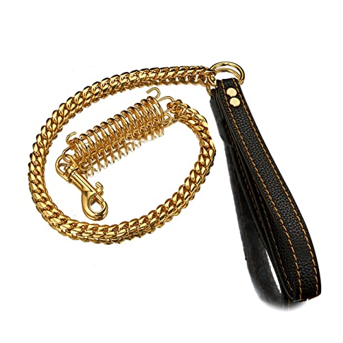 DQZRTUECA 91 cm Starke kubanische Pferdekette aus goldfarbenem Metall, Edelstahl-Hundesicherheitsgurtpuffer, Federkraftschoner, Ledergriff, Hundeleine von DQZRTUECA