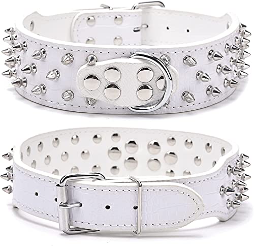 DQZRTUECA Hundehalsband aus Leder, mit Nieten, Anti-Biss-Pilznieten, verstellbare Welpenhalsbänder, PU-Halsschutz for Haustiere, robuster Halsreif(White,5.0 * 56cm) von DQZRTUECA