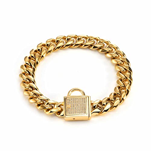 DQZRTUECA Hundekettenhalsband, goldenes Hundekettenhalsband, 14 mm breites kubanisches Glieder-Welpenhalsband aus Edelstahl mit Diamantverschluss, Bling-Würgehalsband for Hunde(12inch) von DQZRTUECA