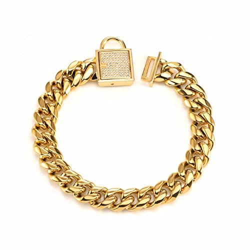 DQZRTUECA Hundekettenhalsband, goldenes Hundekettenhalsband, 14 mm breites kubanisches Glieder-Welpenhalsband aus Edelstahl mit Diamantverschluss, Bling-Würgehalsband for Hunde(14inch) von DQZRTUECA
