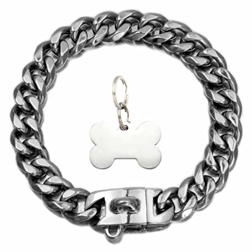 DQZRTUECA Hundekettenhalsband mit Hundemarke, kubanische Gliederkette aus Metall, Edelstahl, robust, kausicher, Trainingshalsband for Spaziergänge, 25,4 cm bis 66 cm(24inch) von DQZRTUECA