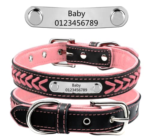 Personalisierte Geflochten Hundehalsband aus Leder mit Kontaktdaten Namensschild Eingraviertem Personalisierbar Hundehalsbänder, Für Mittlere und Große Hunde (Rosa L:20.5") von DRAVYAM