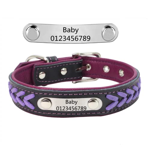 Personalisierte Geflochten Hundehalsband aus Leder mit Kontaktdaten Namensschild Eingraviertem Personalisierbar Hundehalsbänder, Für Mittlere und Große Hunde (Violett XL:24.5") von DRAVYAM