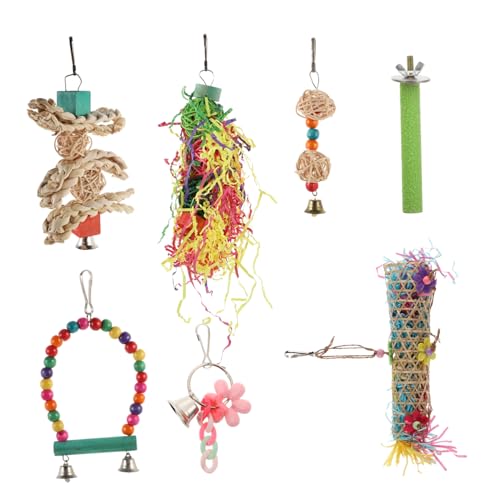DRESSOOS 7stücke Teiliges Vogelspielzeugset Handgefertigte Kauspielzeuge Für Vögel Schaukeln Und Rattankugeln Und Stressabbau Für Käfige Geeignet Farben Zufällig von DRESSOOS
