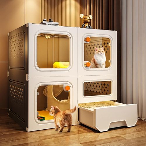 Großes Katzenhaus für den Innenbereich, 2 Etagen, Catio-Haus mit transparenten Fenstern, Knaufschlössern, geschlossene Mehrzweck-Katzentoilettenschublade (grau, 70 x 45 x 70 cm) von DRFGHK