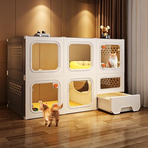 Großes Katzenhaus für den Innenbereich, 2 Etagen, Catio-Haus mit transparenten Fenstern und Knaufschlössern, multifunktional, geschlossene Katzentoilette, Schublade für Katzen (Grau, 70 x 45 x 105 cm) von DRFGHK