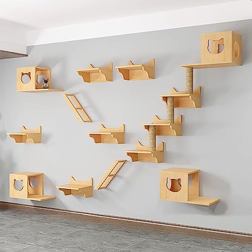 DRYIC Wandmontiertes Katzen-Klettergerüst aus massivem Holz, Katzen-Kletterwand, Katzen-Wandregale, Wand-Sprungplattform, Sprungbrett-Klettern (Style4) von DRYIC