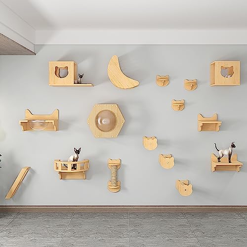 DRYIC Wandmontiertes Katzen-Klettergerüst aus massivem Holz, Katzen-Kletterwand, Katzen-Wandregale, Wand-Sprungplattform, Sprungbrett-Klettern (Style7) von DRYIC