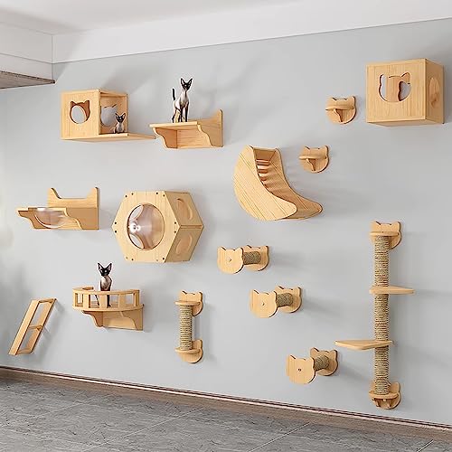 DRYIC Wandmontiertes Katzen-Klettergerüst aus massivem Holz, Katzen-Kletterwand, Katzen-Wandregale, Wand-Sprungplattform, Sprungbrett-Klettern (Style8) von DRYIC