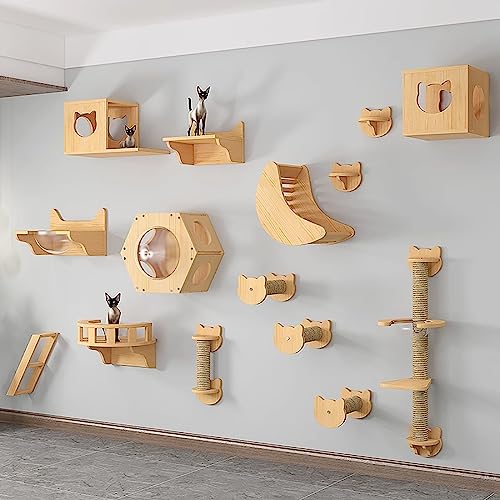 DRYIC Wandmontiertes Katzen-Klettergerüst aus massivem Holz, Katzen-Kletterwand, Katzen-Wandregale, Wand-Sprungplattform, Sprungbrett-Klettern (Style9) von DRYIC