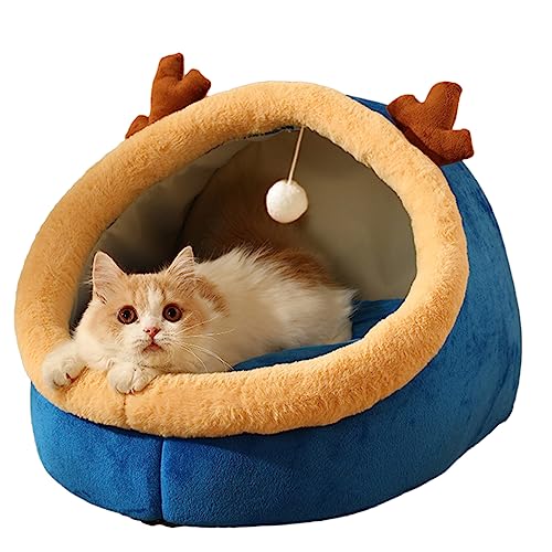 DSOPV Katzenbett, Herbst und Winter, warme Katzenhütte, Katzenbetthöhle mit abnehmbarem, waschbarem, gepolstertem Kissen, Plüsch-Katzenbett, für Katzen bis zu 10 kg (Blau, ca. 31 x 30 x 20 cm) von DSOPV