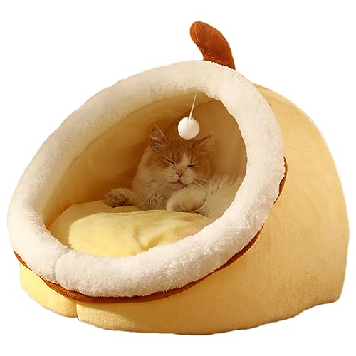 DSOPV Katzenbett, Herbst und Winter, warme Katzenhütte, Katzenbetthöhle mit abnehmbarem, waschbarem, gepolstertem Kissen, Plüsch-Katzenbett, für Katzen bis zu 10 kg (Gelb, ca. 40 x 40 x 32 cm) von DSOPV