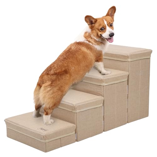 Hundetreppe für Kleine Hunde, Kreative Welpenbett Treppe 4-stufige Haustiertreppe, rutschfeste Hunderampe, mit Aufbewahrung, nicht reizend Faltbare Hundehütte Treppe, für Hochbett und Couch (Beige) von DSOPV